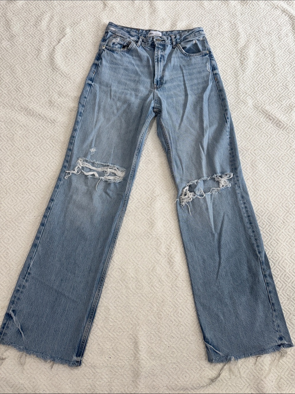 Zara Light Blue Distressed Wide-Leg Jeans